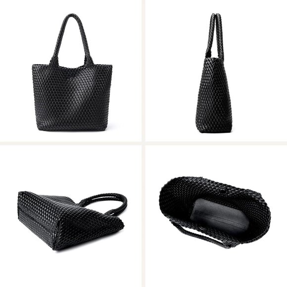 Chic Vegan Leather Woven Tote Bag with Matching Clutch - Large Stylish Accessory - Picture 6 of 6